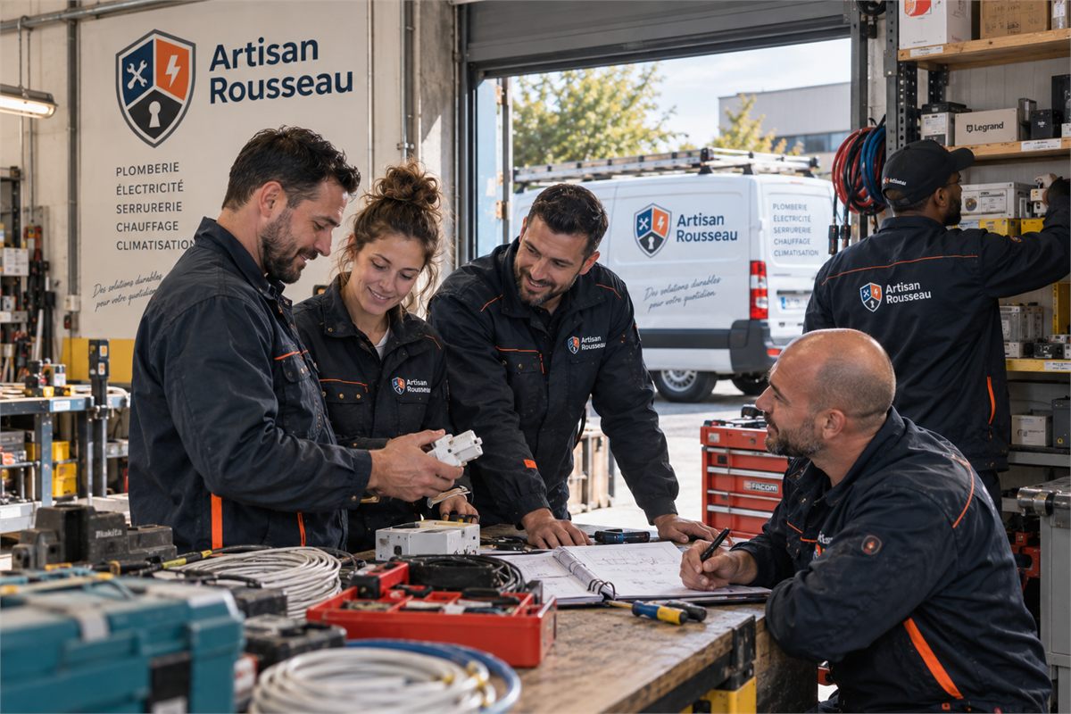 Illustration générée par IA : les techniciens Artisan Rousseau préparent une intervention à l'atelier